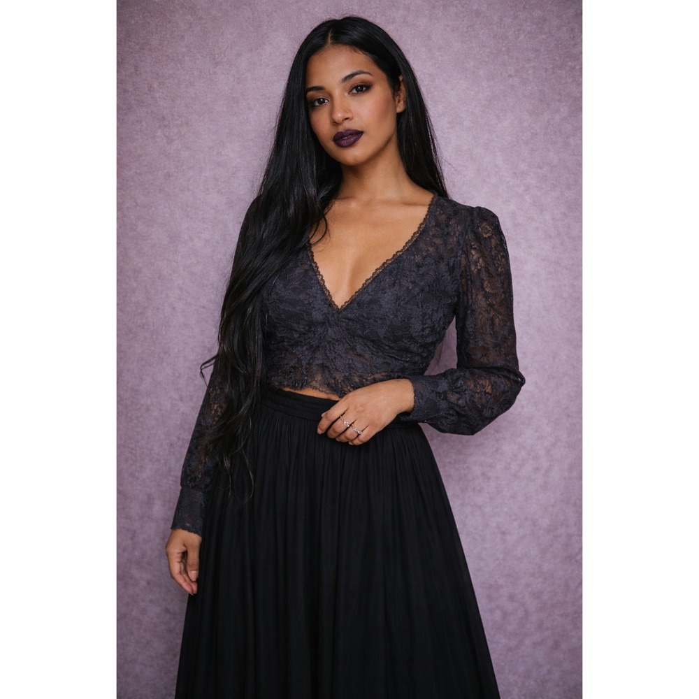 Black Lace Long Sleeve V-Neck Cropped Top Sheer whimsigoth dark romantic fairy